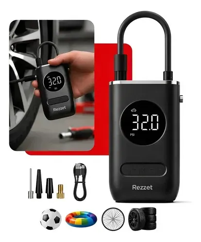 Mini compressor de ar portátil Rezzet com visor digital ligado e corpo preto