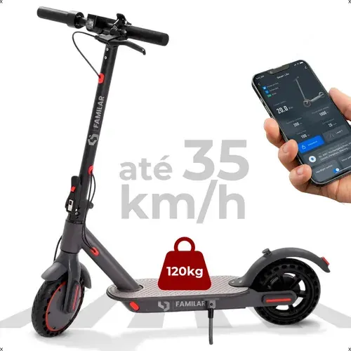 Patinete elétrico dobrável FAMILAR preto montado em ângulo frontal para mobilidade urbana
